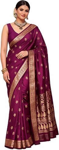 Women's Banarasi Silk Saree Purple with Golden Zari Work Unstitched Blouse Piece Traditional Weaving Floral Motifs Border in Kuwait