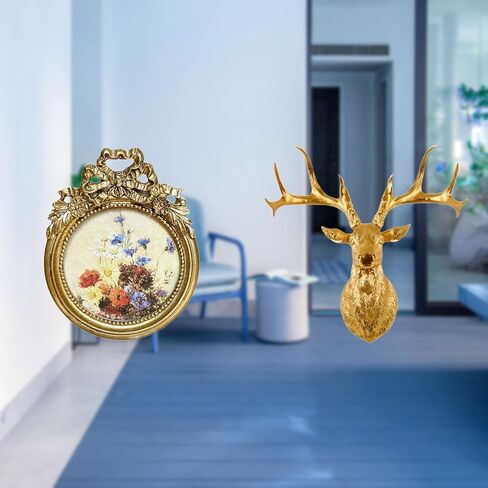Baoblaze Round Picture Frame Decorative Ornate Vintage Resin Photo Frame Deer Head Wall Sculpture Unique Hand Crafted Design Suitable for Gift Giving Home in Kuwait