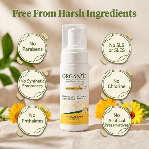 Organyc Intimate Foaming Wash for Women, Sensitive Skin Care, Certified Organic Ingredients, pH Balanced, Chamomile & Calendula, Gentle Daily Cleanser, 6.08 fl oz in Saudi Arabia