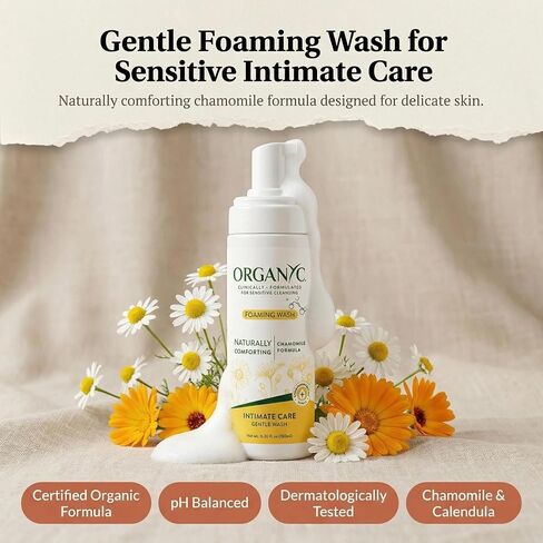 Organyc Intimate Foaming Wash for Women, Sensitive Skin Care, Certified Organic Ingredients, pH Balanced, Chamomile & Calendula, Gentle Daily Cleanser, 6.08 fl oz in Saudi Arabia