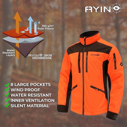 AYIN Blaze Orange Hybrid Hunting Jacket – Windproof Water-Resistant Fleece Coat with 8 Pockets – Safety Gear for Upland/Deer in Saudi Arabia
