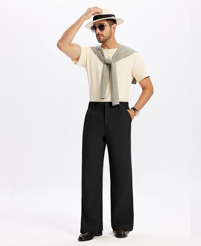 Susclude رجل Bootcut فستان كاجوال السراويل متوهج واسعة الساق المال القديم مطوي مرونة الخصر بنطلون خمر مكتب العمل بنطلون in Saudi Arabia