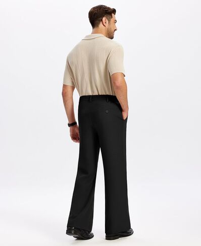 Susclude رجل Bootcut فستان كاجوال السراويل متوهج واسعة الساق المال القديم مطوي مرونة الخصر بنطلون خمر مكتب العمل بنطلون in Saudi Arabia