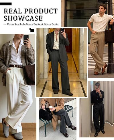 Susclude رجل Bootcut فستان كاجوال السراويل متوهج واسعة الساق المال القديم مطوي مرونة الخصر بنطلون خمر مكتب العمل بنطلون in Saudi Arabia