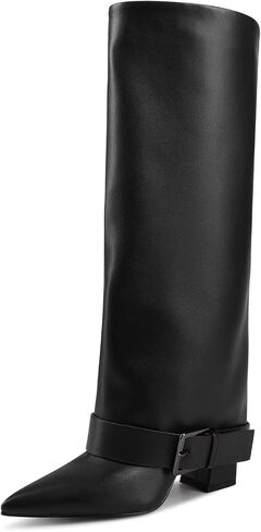 Knee High Boots Women Fold Over Chunky High Heel Wide Calf Pointed Toe Boots Belt Buckle Fall Long Boot for Women in Saudi Arabia