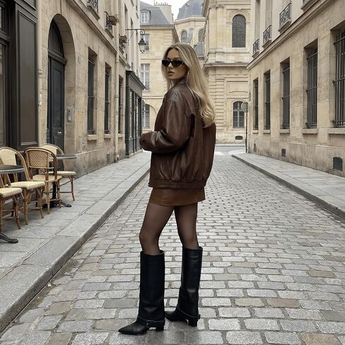 Knee High Boots Women Fold Over Chunky High Heel Wide Calf Pointed Toe Boots Belt Buckle Fall Long Boot for Women in Saudi Arabia