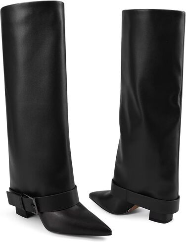 Knee High Boots Women Fold Over Chunky High Heel Wide Calf Pointed Toe Boots Belt Buckle Fall Long Boot for Women in Saudi Arabia