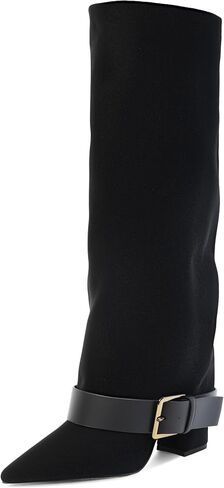 Knee High Boots Women Fold Over Chunky High Heel Wide Calf Pointed Toe Boots Belt Buckle Fall Long Boot for Women in Saudi Arabia