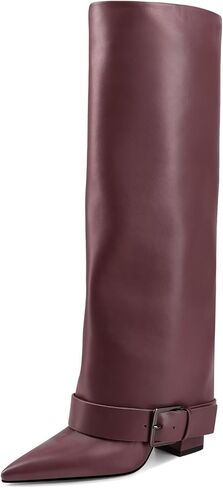 Knee High Boots Women Fold Over Chunky High Heel Wide Calf Pointed Toe Boots Belt Buckle Fall Long Boot for Women in Saudi Arabia