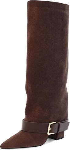 Knee High Boots Women Fold Over Chunky High Heel Wide Calf Pointed Toe Boots Belt Buckle Fall Long Boot for Women in Saudi Arabia