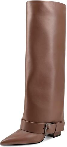 Knee High Boots Women Fold Over Chunky High Heel Wide Calf Pointed Toe Boots Belt Buckle Fall Long Boot for Women in Saudi Arabia