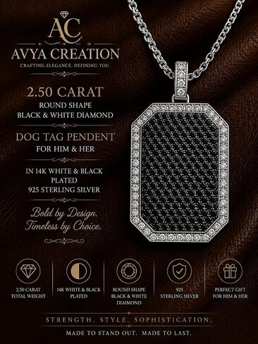 2.50 Carat Round Shape Black & White Diamond Men's & Women' Dog Tag Pendent in 14K Two Tone Gold Plated 925 Silver in Saudi Arabia
