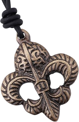 Lord of Battles Medieval Pendant Fleur-de-Lis Necklace with Adjustable Genuine Leather Cord Heraldic Jewelry (Antique Brass) in Kuwait