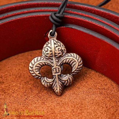 Lord of Battles Medieval Pendant Fleur-de-Lis Necklace with Adjustable Genuine Leather Cord Heraldic Jewelry (Antique Brass) in Kuwait