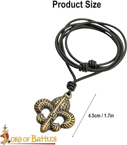 Lord of Battles Medieval Pendant Fleur-de-Lis Necklace with Adjustable Genuine Leather Cord Heraldic Jewelry (Antique Brass) in Kuwait