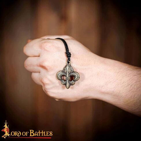 Lord of Battles Medieval Pendant Fleur-de-Lis Necklace with Adjustable Genuine Leather Cord Heraldic Jewelry (Antique Brass) in Kuwait