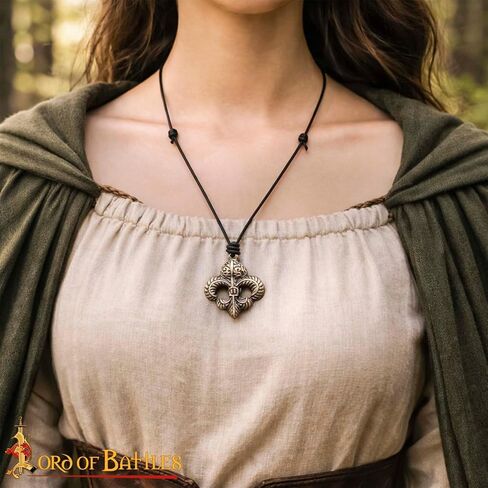 Lord of Battles Medieval Pendant Fleur-de-Lis Necklace with Adjustable Genuine Leather Cord Heraldic Jewelry (Antique Brass) in Kuwait