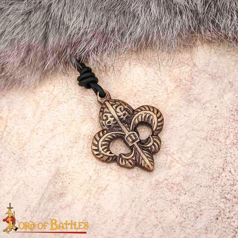 Lord of Battles Medieval Pendant Fleur-de-Lis Necklace with Adjustable Genuine Leather Cord Heraldic Jewelry (Antique Brass) in Kuwait