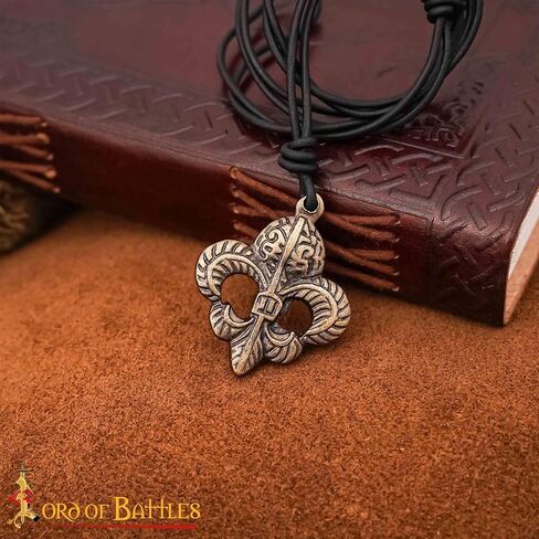 Lord of Battles Medieval Pendant Fleur-de-Lis Necklace with Adjustable Genuine Leather Cord Heraldic Jewelry (Antique Brass) in Kuwait