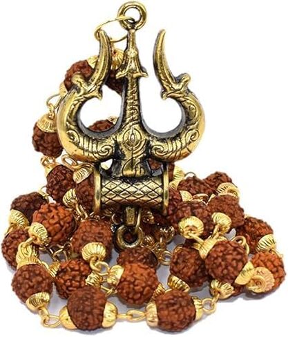 Rudraksha Mala For Men's And Women's Agate Golden Gold-Plated Brass, Wood Lord Shiv Trishul Locket With Panchmukhi Rudraksha Mala in Saudi Arabia
