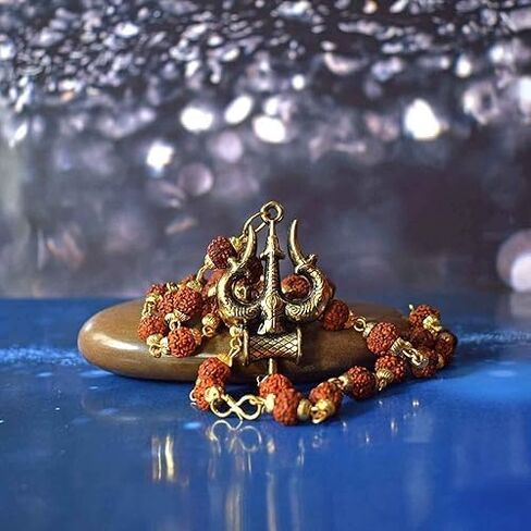 Rudraksha Mala For Men's And Women's Agate Golden Gold-Plated Brass, Wood Lord Shiv Trishul Locket With Panchmukhi Rudraksha Mala in Saudi Arabia