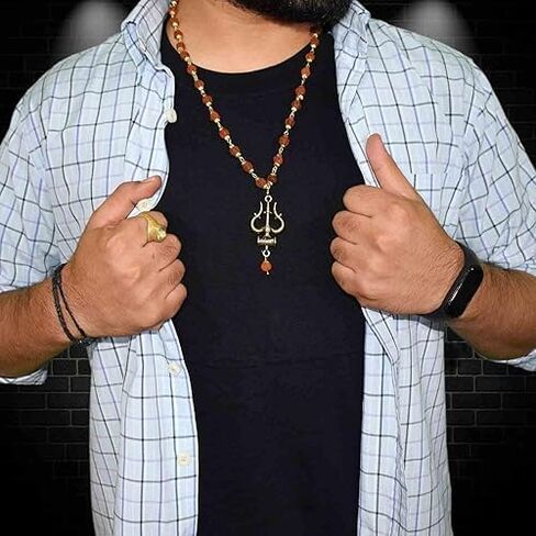 Rudraksha Mala For Men's And Women's Agate Golden Gold-Plated Brass, Wood Lord Shiv Trishul Locket With Panchmukhi Rudraksha Mala in Saudi Arabia