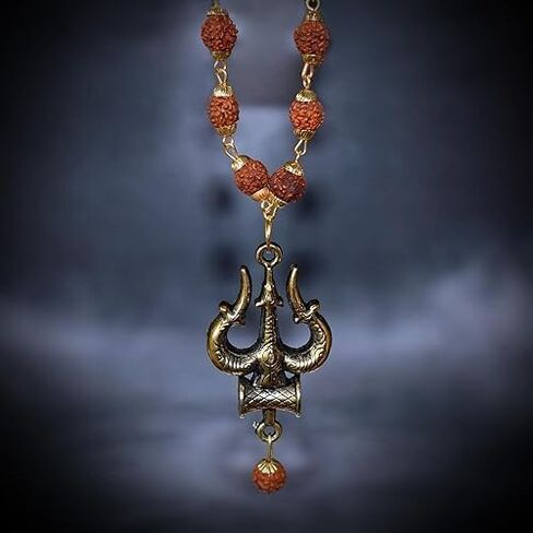 Rudraksha Mala For Men's And Women's Agate Golden Gold-Plated Brass, Wood Lord Shiv Trishul Locket With Panchmukhi Rudraksha Mala in Saudi Arabia
