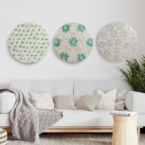 HEVSTIL 3PCS 11.8 بوصة لوحة فنية جدارية من صدفة اللؤلؤ - لوحات جدارية ساحلية مصنوعة يدويًا باللون الأخضر | منحوتات جدارية من الفسيفساء لغرف النوم والحمامات والمكاتب والفنادق وديكور المنزل (النمط الطبيعي) in Kuwait
