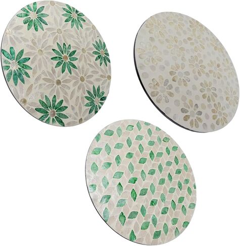 HEVSTIL 3PCS 11.8 بوصة لوحة فنية جدارية من صدفة اللؤلؤ - لوحات جدارية ساحلية مصنوعة يدويًا باللون الأخضر | منحوتات جدارية من الفسيفساء لغرف النوم والحمامات والمكاتب والفنادق وديكور المنزل (النمط الطبيعي) in Kuwait