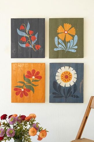 Set of 4 Hand Painted Recycled Wood Floral Wall Art Panels – Colorful Folk Inspired Botanical Wall Decor - Rustic Farmhouse Decorative Wood Art for Living Room, Bedroom & Entryway in Saudi Arabia