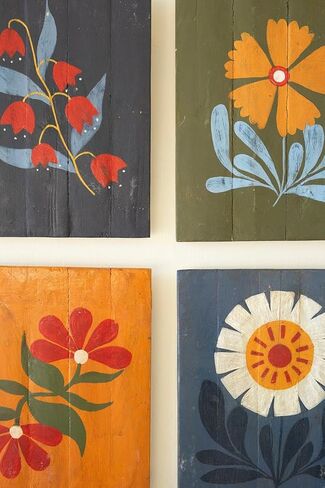 Set of 4 Hand Painted Recycled Wood Floral Wall Art Panels – Colorful Folk Inspired Botanical Wall Decor - Rustic Farmhouse Decorative Wood Art for Living Room, Bedroom & Entryway in Saudi Arabia