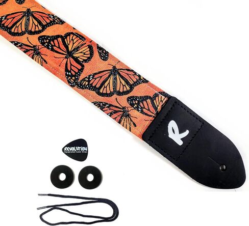 Monarch Butterfly Guitar Strap, Genuine Leather Ends, Includes 2 Strap Locks & 1 Pick. Adjustable Strap, Pick Pocket, For Bass, Electric & Acoustic Guitars Gift for Guitar Players Men, Women & Kids in Saudi Arabia