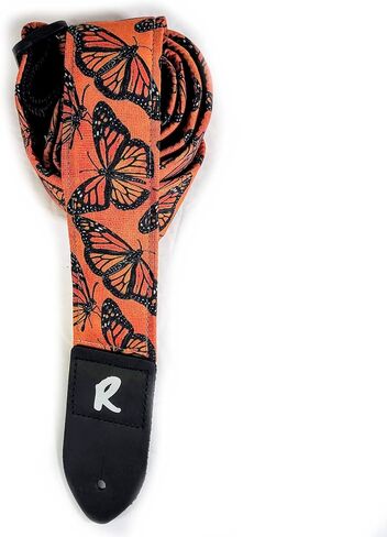 Monarch Butterfly Guitar Strap, Genuine Leather Ends, Includes 2 Strap Locks & 1 Pick. Adjustable Strap, Pick Pocket, For Bass, Electric & Acoustic Guitars Gift for Guitar Players Men, Women & Kids in Saudi Arabia