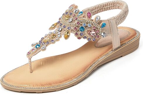 iCKER Women Rhinestone Sandals T-Strap Buckle Bohemian Pearl Crystal Flat Sandals in Saudi Arabia