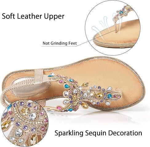 iCKER Women Rhinestone Sandals T-Strap Buckle Bohemian Pearl Crystal Flat Sandals in Saudi Arabia