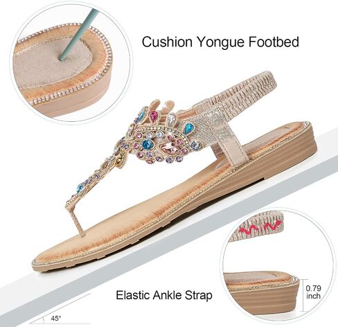 iCKER Women Rhinestone Sandals T-Strap Buckle Bohemian Pearl Crystal Flat Sandals in Saudi Arabia