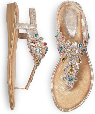 iCKER Women Rhinestone Sandals T-Strap Buckle Bohemian Pearl Crystal Flat Sandals in Saudi Arabia