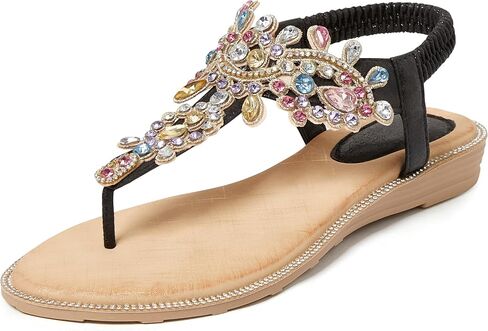 iCKER Women Rhinestone Sandals T-Strap Buckle Bohemian Pearl Crystal Flat Sandals in Saudi Arabia
