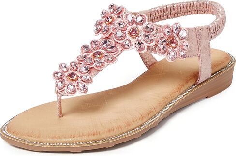 iCKER Women Rhinestone Sandals T-Strap Buckle Bohemian Pearl Crystal Flat Sandals in Saudi Arabia