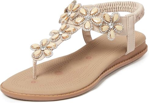iCKER Women Rhinestone Sandals T-Strap Buckle Bohemian Pearl Crystal Flat Sandals in Saudi Arabia