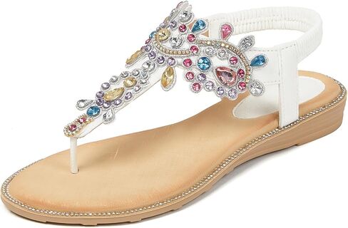 iCKER Women Rhinestone Sandals T-Strap Buckle Bohemian Pearl Crystal Flat Sandals in Saudi Arabia