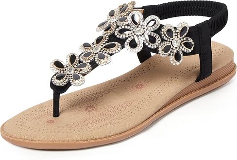 iCKER Women Rhinestone Sandals T-Strap Buckle Bohemian Pearl Crystal Flat Sandals in Saudi Arabia