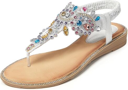 iCKER Women Rhinestone Sandals T-Strap Buckle Bohemian Pearl Crystal Flat Sandals in Saudi Arabia