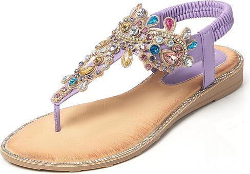 iCKER Women Rhinestone Sandals T-Strap Buckle Bohemian Pearl Crystal Flat Sandals in Saudi Arabia