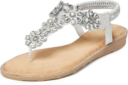 iCKER Women Rhinestone Sandals T-Strap Buckle Bohemian Pearl Crystal Flat Sandals in Saudi Arabia