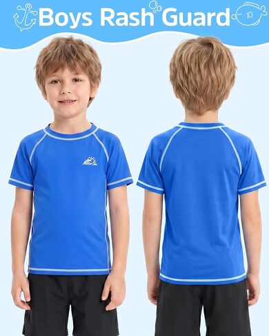 قميص سباحة للأولاد Rash Guard، قمصان قصيرة الأكمام للأطفال والشباب للحماية من الشمس، عامل حماية من الشمس 50+ ملابس سباحة سريعة الجفاف لركوب الأمواج على الماء in Kuwait