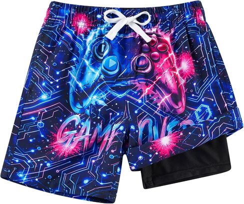 Cozople Boys Swim Trunks with Compression Liner Neon Bathing Suit Quick Dry UPF 50+ Swim Shorts 7-16T in Kuwait
