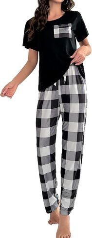 Cuddle Duds Women Pajamas Set, Cute 2-Piece Short Sleeve & Pants, Plaid Print with Bow Tie Waist, Comfortable Sleepwear in Kuwait