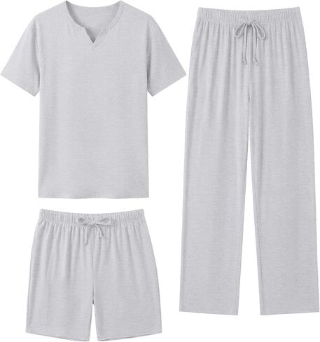 Sykooria Mens 3 Piece Pajama Set Short Sleeve Sleepwear with Shorts & Pants Set Lightweight Soft Loungewear S-3XL in Saudi Arabia