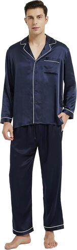 Mommesilk 100% Silk Pajamas Set for Men Long Sleeve Pajama Top with Pant Cool for Summer 2PC Silk Sleepwear Piped Soft in Kuwait